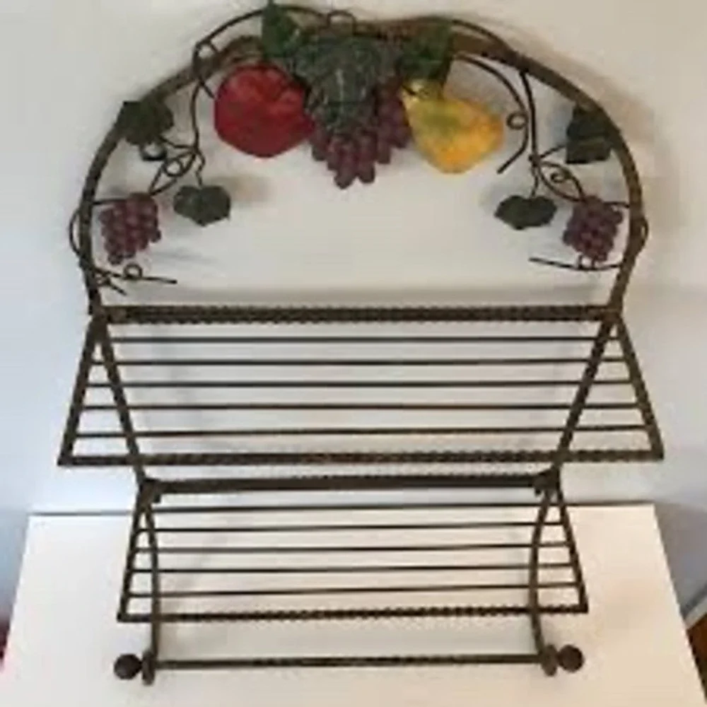 Vintage Wrought Iron 2 Tier Wall Rack Fruit Accents Towel Bar Tuscan Farmhouse